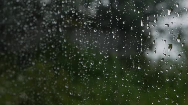 强降雨冲刷着窗玻璃流下来.特写。雨季玻璃背景的雨滴 — 图库视频影像