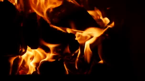 Крупним планом камін повний сухих дров, теплий затишний палаючий вогонь у цегляній печі темний. Дрова спалюють фон. Пічне опалення — стокове відео