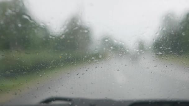 Склоочисники очищають лобове скло автомобіля під час сильного дощу. Всередині розмитий вид на сільську дорогу. Водіння в складних погодних умовах — стокове відео