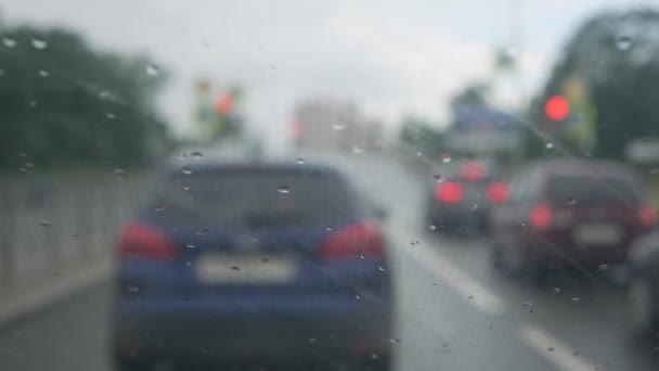 Scheibenwischer reinigen bei starkem Regen unterwegs die Frontscheibe des Autos. Drinnen verschwommene Sicht auf eine Landstraße. Fahren bei schwierigen Witterungsbedingungen — Stockvideo