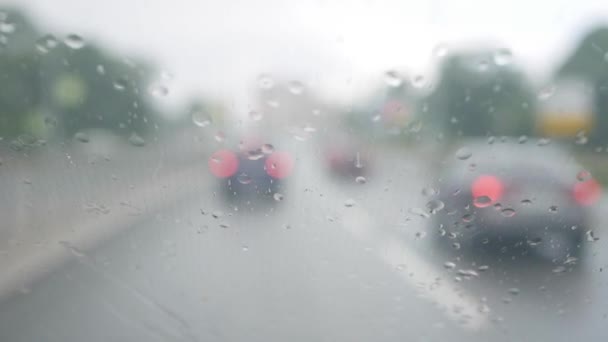 Limpiaparabrisas limpiar el parabrisas del coche sobre la marcha durante las fuertes lluvias. Vista interior borrosa de un camino rural. Conducir en condiciones climáticas difíciles — Vídeos de Stock