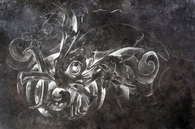 Renkli tebeşir etkisi ile beton duvara çizim Dövme. dokulu arka plan ve renk ile el yapımı çizim.