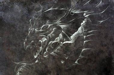 Dragon, Tattoo drawing on concrete wall with colorful chalk effect. textured background and color with handmade drawing. clipart