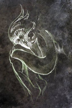 Gargoyle, Renkli tebeşir etkisi ile beton duvara çizim Dövme. dokulu arka plan ve renk ile el yapımı çizim.