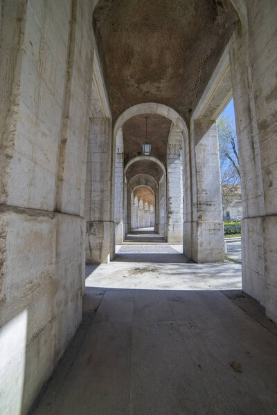 Stone, Passage Old arcs, architecture. A sight of the palace of Aranjuez (a museum nowadays), monument of the 18th century, royal residence Spain.