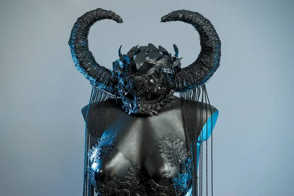 Witch Black Dress Helmet Big Dark Horns Pieces Metal Corset — Stock Photo, Image