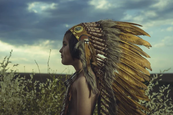 孩子在日落时扮成美国印第安人 身穿印度羽毛羽和胸甲 小麦与自然领域 — 图库照片