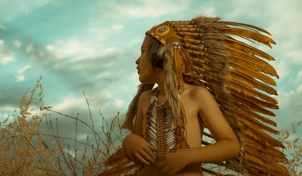 Kind Das Bei Sonnenuntergang Als Amerikanischer Indianer Verkleidet Mit Einer — Stockfoto
