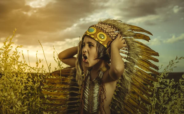 Niño Indio Americano Vestido Con Traje Tradicional Plumas Con Penacho — Foto de Stock