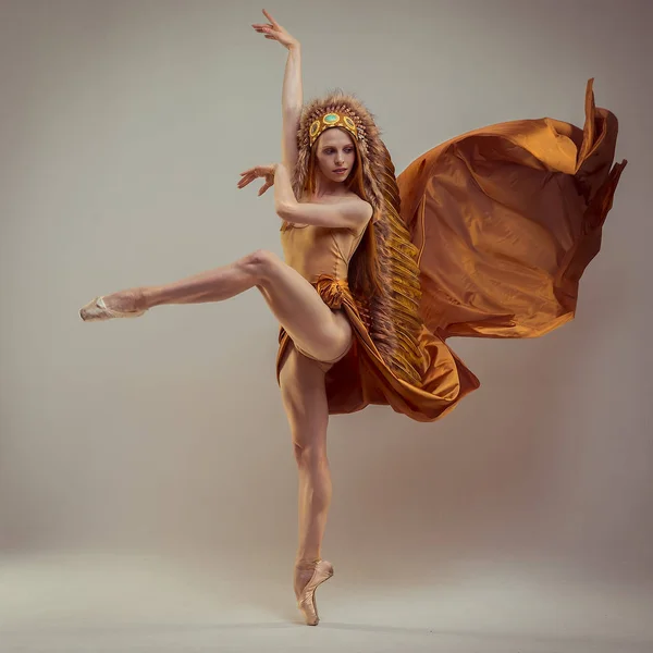 Ballerina Met Indiase Veren Sierlijke Jongedame Balletdanser Gekleed Professionele Outfit — Stockfoto