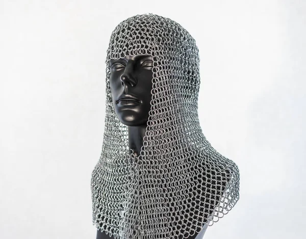 Metal Viking Helmet Chain Mail Black Mannequin White Background Clothes — Stock Photo, Image