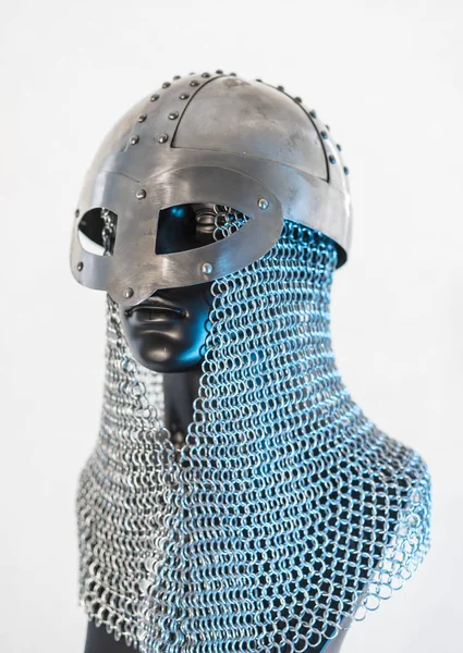 Viking Helmet Chain Mail Black Mannequin White Background Clothes Viking — Stock Photo, Image