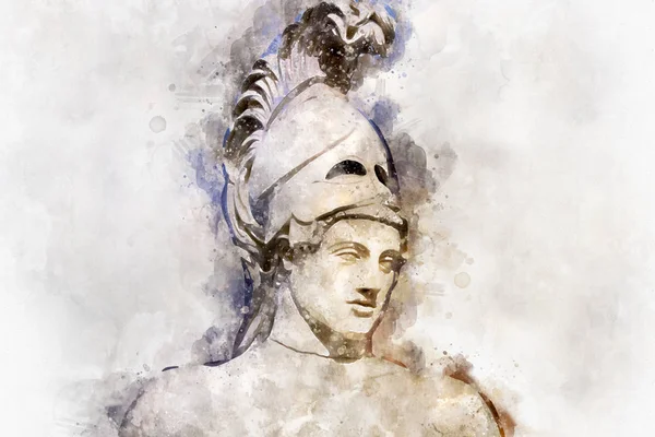 水彩画 古代アテネの政治家ペリクレスの像 戦士のヘルメットギリシャ古代彫刻の頭 — ストック写真