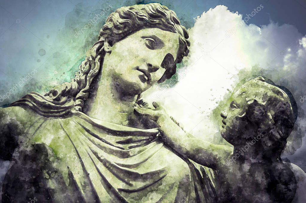 Watercolor, Woman and child Greek sculptures over clouds background