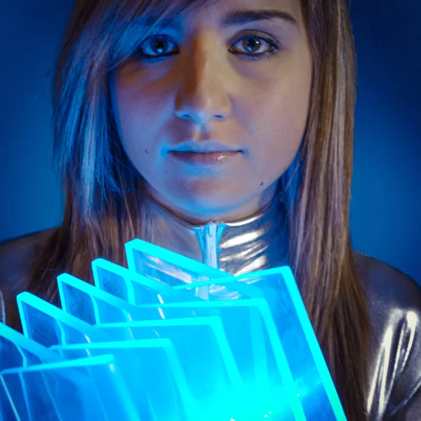 Technology Fiber Optic Concept Woman Modern Lights — Stock Photo, Image