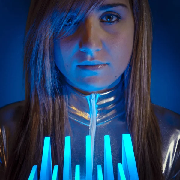 Keyboard Fiber Optik Kavramı Modern Işıklar Kadınla — Stok fotoğraf