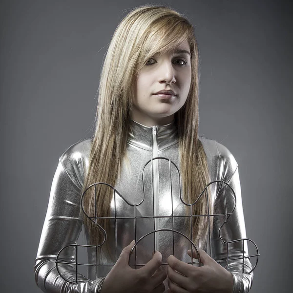 Blonde Woman Dressed Silver Plated Jumpsuit Woman Future — Stock Photo, Image