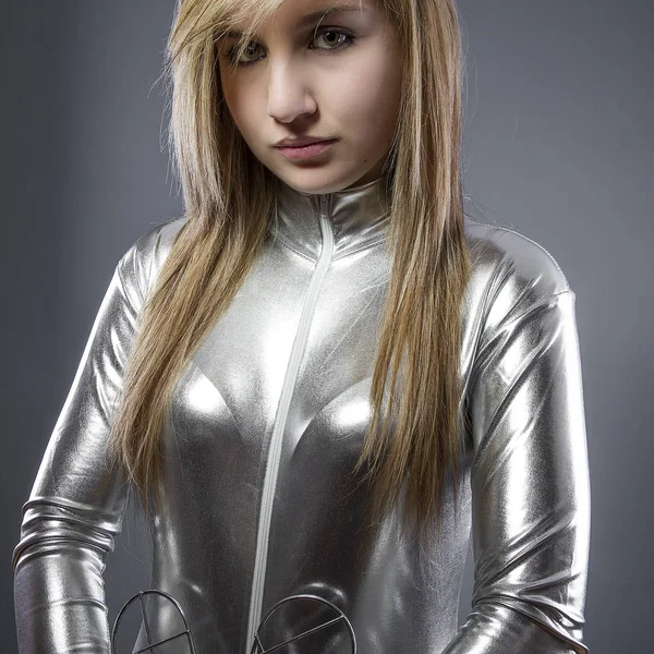 Blonde Woman Dressed Silver Plated Jumpsuit Woman Future — Stock Photo, Image