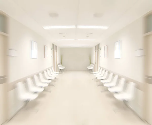 long corridor in hospital with doors and reflections, motion radial blur effect