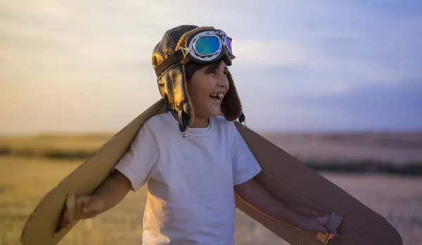 Aviação Criança Feliz Brincando Com Asas Brinquedo Contra Fundo Céu — Fotografia de Stock