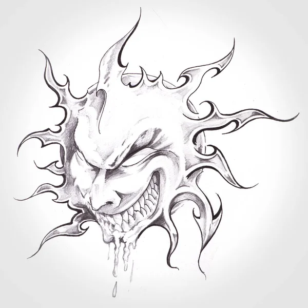 Potwór Słońce Rysunek Ręcznie Tatuażu — Zdjęcie stockowe