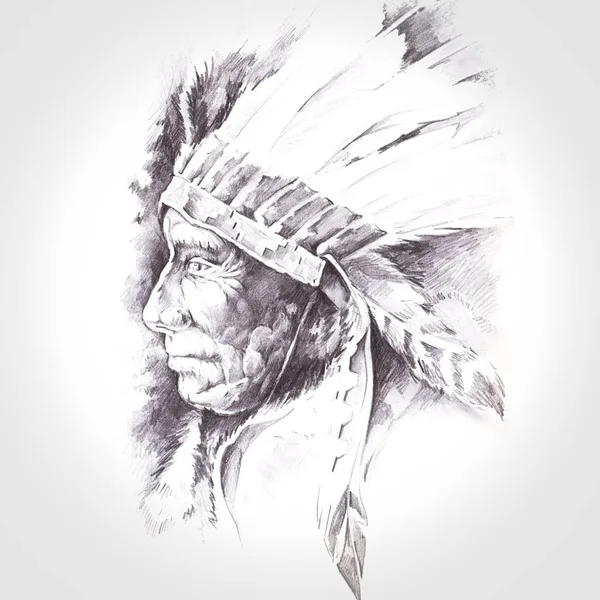 American Indian Head Ręcznie Robione Tatuaż Rysunek — Zdjęcie stockowe