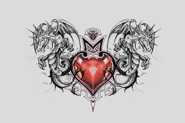 Dragon Lizzard Croquis Tatouage Avec Coeur Rouge Dessin Fait Main — Photo