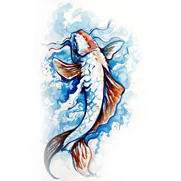 Carpe Japonaise Dessin Tatouage Poisson Couleurs Bleues Avec Aquarelle — Photo