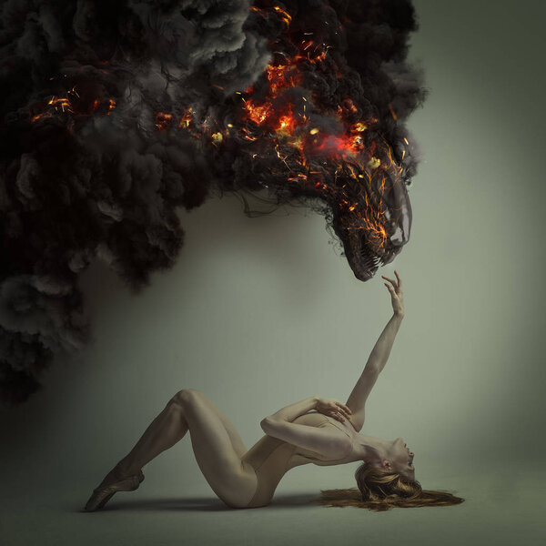 duality and danger concept, classic ballet dancer lying down with elegant and delicate poses and a fiery monster over in menacing pose, halloween