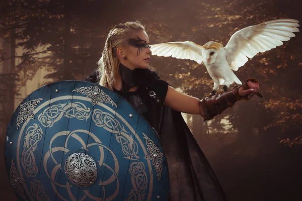 美丽的白头鹰 北欧海盗金发碧眼的女人与盾牌和剑 辫子在她的头发 — 图库照片