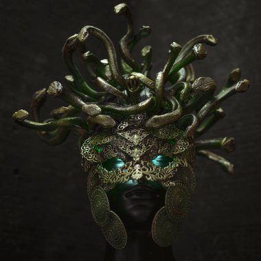 Kafa Medusa, Yunan mitolojisinde yaratık. parçaları kuyumcular ve altın ve bakır gibi metaller ile elle yapılan. yeşil ve altın yılan kask takıyor
