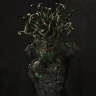 Kafa Medusa, Yunan mitolojisinde yaratık. parçaları kuyumcular ve altın ve bakır gibi metaller ile elle yapılan. yeşil ve altın yılan kask takıyor