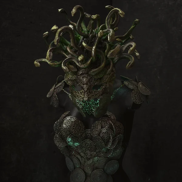 Medusa, creature of Greek mythology. pieces made by hand with goldsmiths and metals such as gold and copper. wears a helmet of green and gold snakes