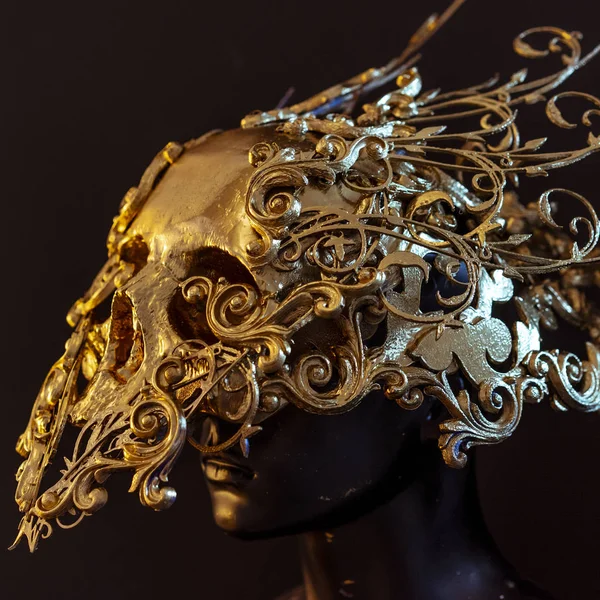 Ouro Crânio Dourado Feito Com Impressora Peça Decoração Gótica Para — Fotografia de Stock