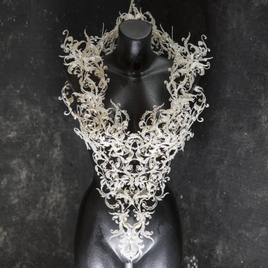 Manikin, Piece made with 3d printer, is composed of white flowers that form a corset, handmade, fantasy design Baroque style clipart