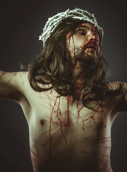 Crucificação Representação Calvário Jesus Cristo Cruz Semana Santa Espanha Homem — Fotografia de Stock