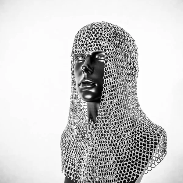 Metal Viking Helmet Chain Mail Black Mannequin White Background Clothes — Stock Photo, Image