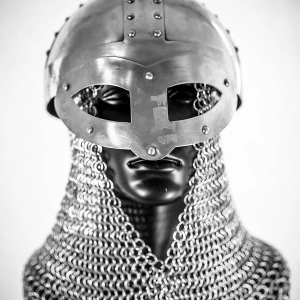 Metal Viking Helmet Chain Mail Black Mannequin White Background Clothes — Stock Photo, Image