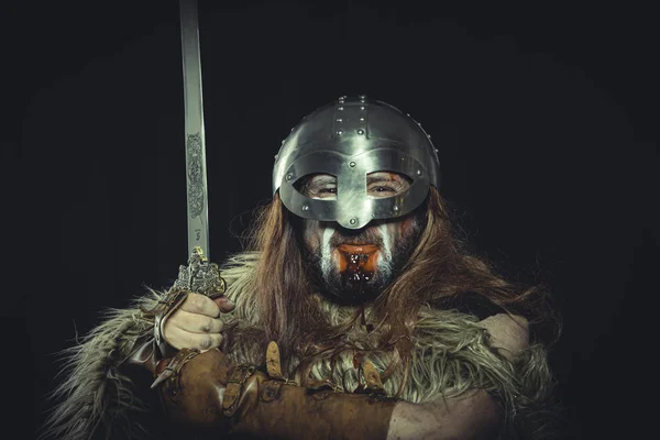 Viking Scandinavian Warrior Helmet War Paintings Wears Sword Cape Animal — Stock Photo, Image