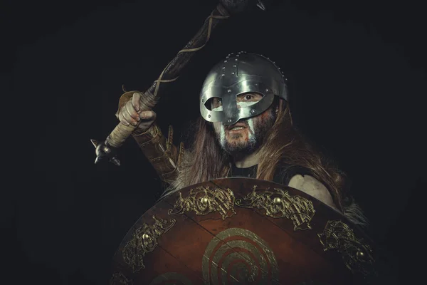 Vintage Viking Scandinavian Warrior Helmet War Paintings Wears Sword Cape — Stock Photo, Image