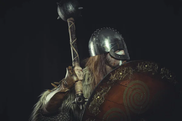 Vintage Viking Scandinavian Warrior Helmet War Paintings Wears Sword Cape — Stock Photo, Image