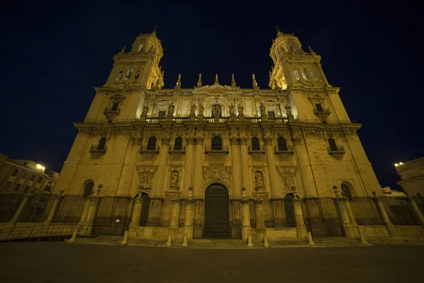 Cattedrale Jaen Illuminata Notte Immagine Estiva Con Strade Vuote Della — Foto Stock