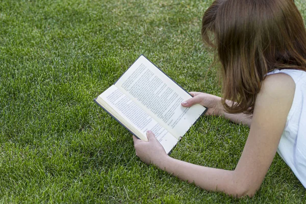 Menina Ruiva Lendo Livro Parque Com Grama Verde Agradável Natureza — Fotografia de Stock