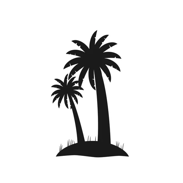 Schwarze Silhouette von Palmen isoliert auf weißem Hintergrund. Flache Kokospalmen auf kleinem Stück Land. — Stockvektor