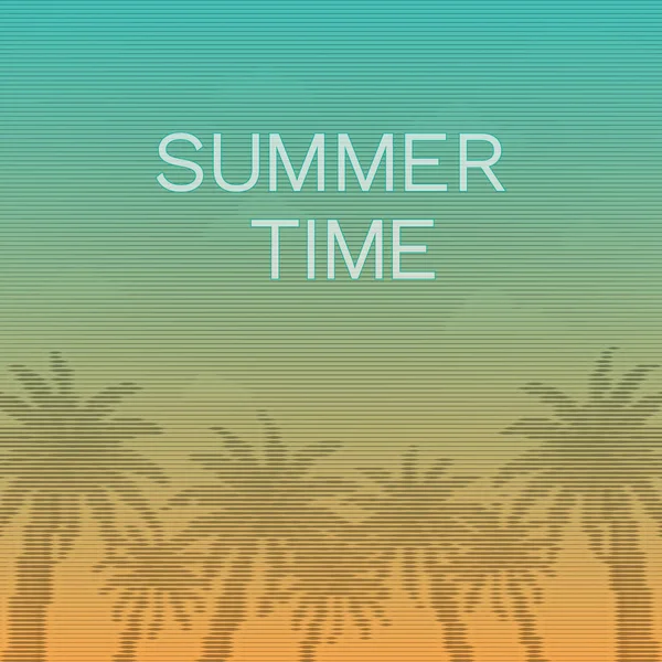 Vektorillustration mit Kokospalmen, Sonnenuntergangshimmel und Text "Sommerzeit" im Vintage-Stil. — Stockvektor