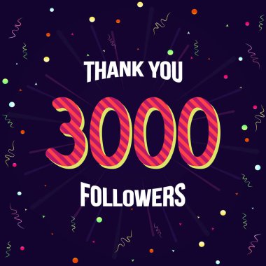 Vektör çizim konfeti, rakam 3000 ve mor arka plan üzerinde metin teşekkürler takipçileri ile. Sosyal ağlar, birçok takipçileri kutlamak için şablon kartı sosyal medya mesaj. 3 k aboneleri.