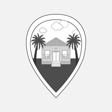 Harita PIN sahil evi ve avuç içi ile siyah beyaz vektör çizim. Açık hava etkinliği kavramının logo etiket macera ve sembolleri çelme takmak. Seyahat acentesi ve tur broşür, afiş için. 