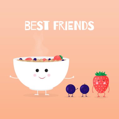 Vektör çizim çizgi film karakterleri ile: kase, çilek ve kuş üzümü. Şablon web ve reklam afişi, iş, kart veya el ilanı, sağlıklı ürünlerin promosyon ya da tasarım ambalaj. 