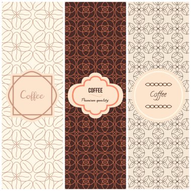 Tasarım öğeleri ve trendy lineer tarzda kahve paketleme şablonları için dikişsiz desen vektör kümesi. 