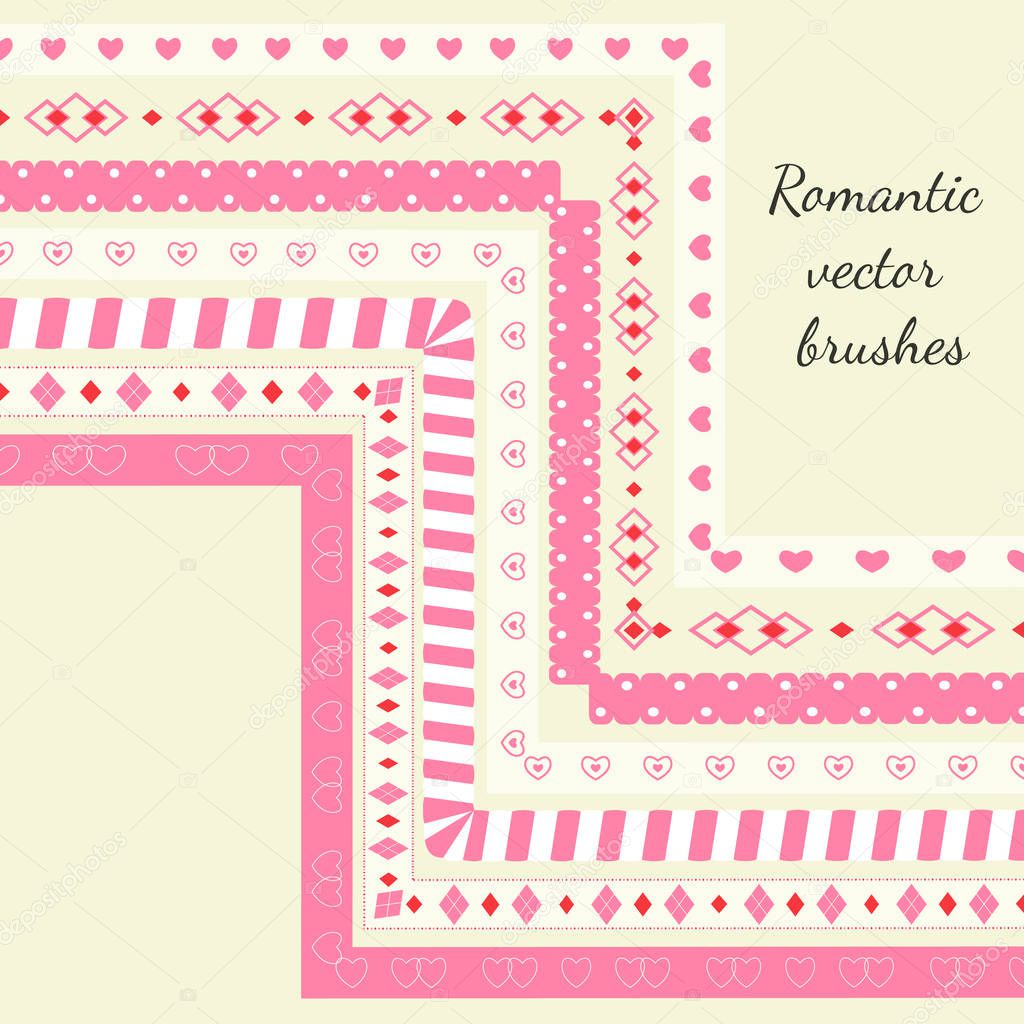Vector pattern brushes for illustrator. Decor element for wedding design, scrapbooking elements, valentine cards, logos, borders and dividers. Decorative brushes with inner and outer corner tiles.